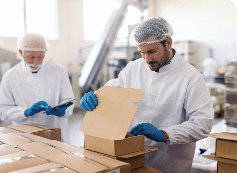 Workers in a food packaging facility